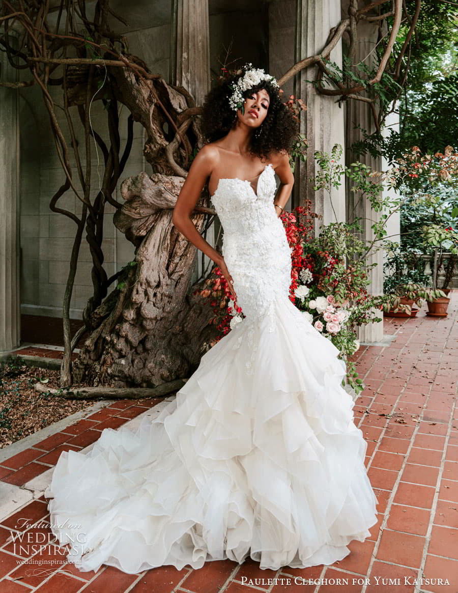 yumi katsura fall 2022 paulette cleghorn bridal strapless sweetheart neckline embellished lace fit flare mermaid wedding dress tiered skirt chapel train (1) mv