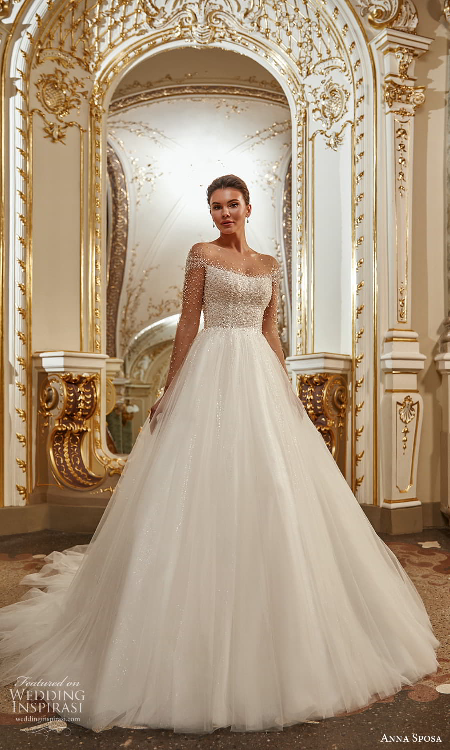 anna sposa 2022 bridal illusion long sleeve sheer bateau straight across neckline heavily embellished bodice a line ball gown wedding dress chapel train (6) mv