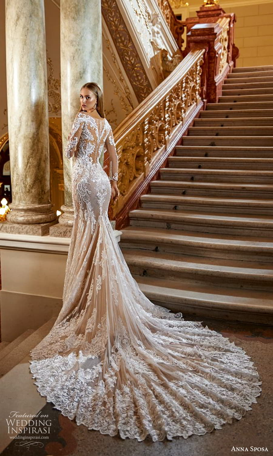 anna sposa 2022 bridal illusion long sleeve v neckline fully embellished sheath wedding dress chapel train sheer back (3) bv
