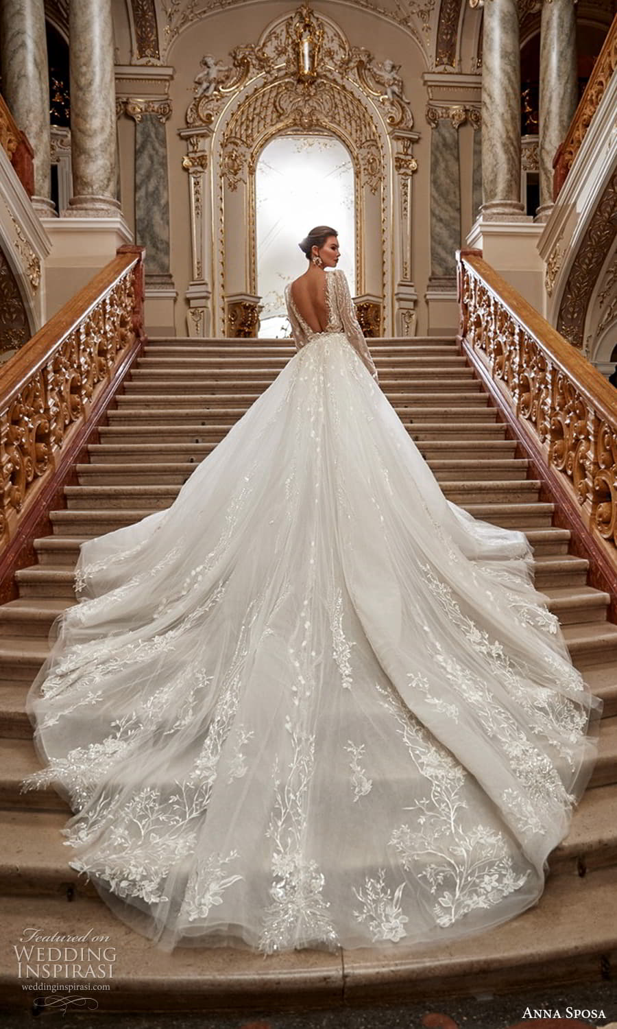 anna sposa 2022 bridal long puff sleeve plunging v neckline fully embellished sheath wedding dress a line overskirt low back (17) bv
