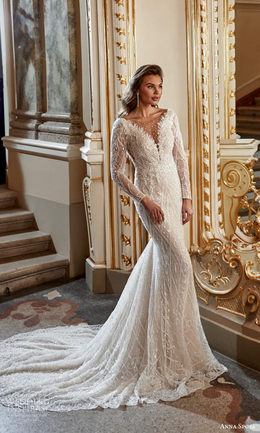 anna sposa 2022 bridal long sleeve sheer v neckline fully embellished sheath wedding dress chapel train (14) mv