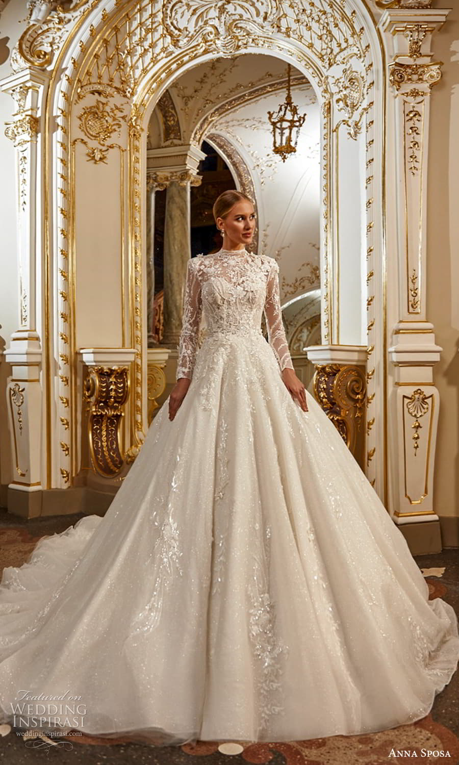 anna sposa 2022 bridal sheer long sleeve high neckline fully embellished a line ball gown wedding dress chapel train (19) mv