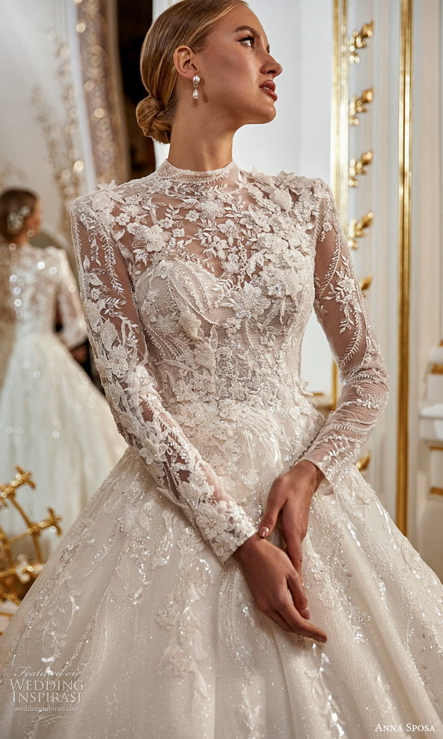 anna sposa 2022 bridal sheer long sleeve high neckline fully embellished a line ball gown wedding dress chapel train (19) zv