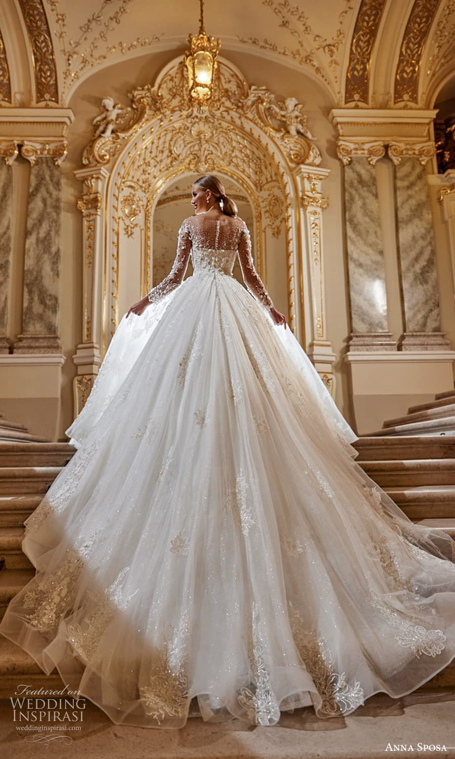 anna sposa 2022 bridal sheer long sleeve plunging v neckline heavily embellished a line ball gown wedding dress chapel train (20) bv