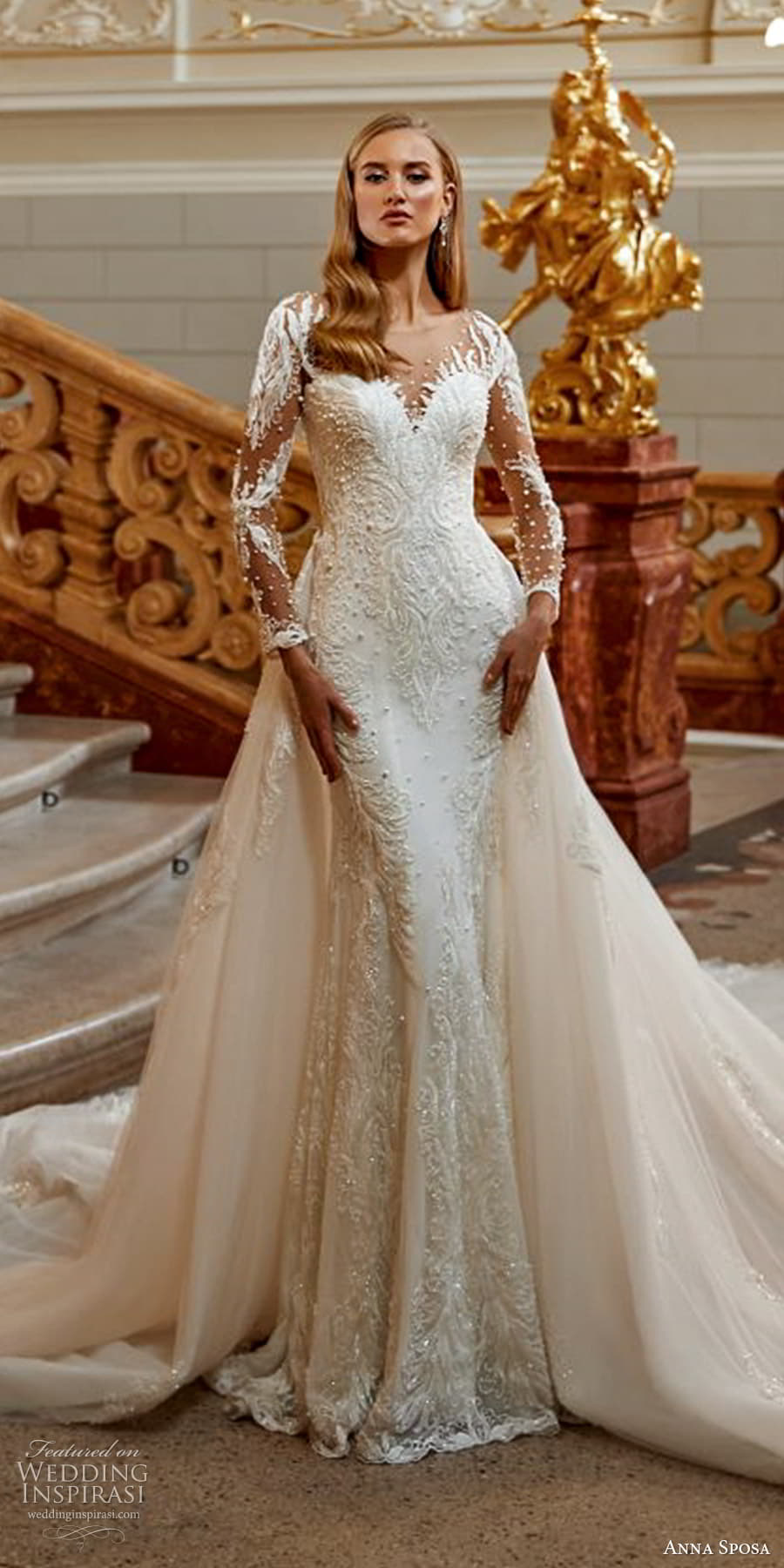 anna sposa 2022 bridal sheer long sleeve sweetheart neckline fully embellished sheath wedding dress a line overskirt (16) mv