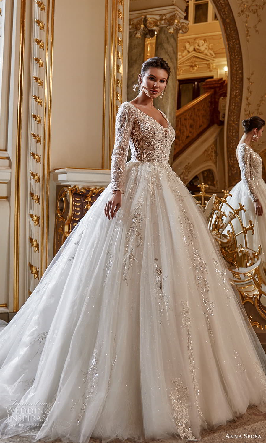 anna sposa 2022 bridal sheer long sleeve v neckline embellished bodice a line ball gown wedding dress chapel train (18) mv