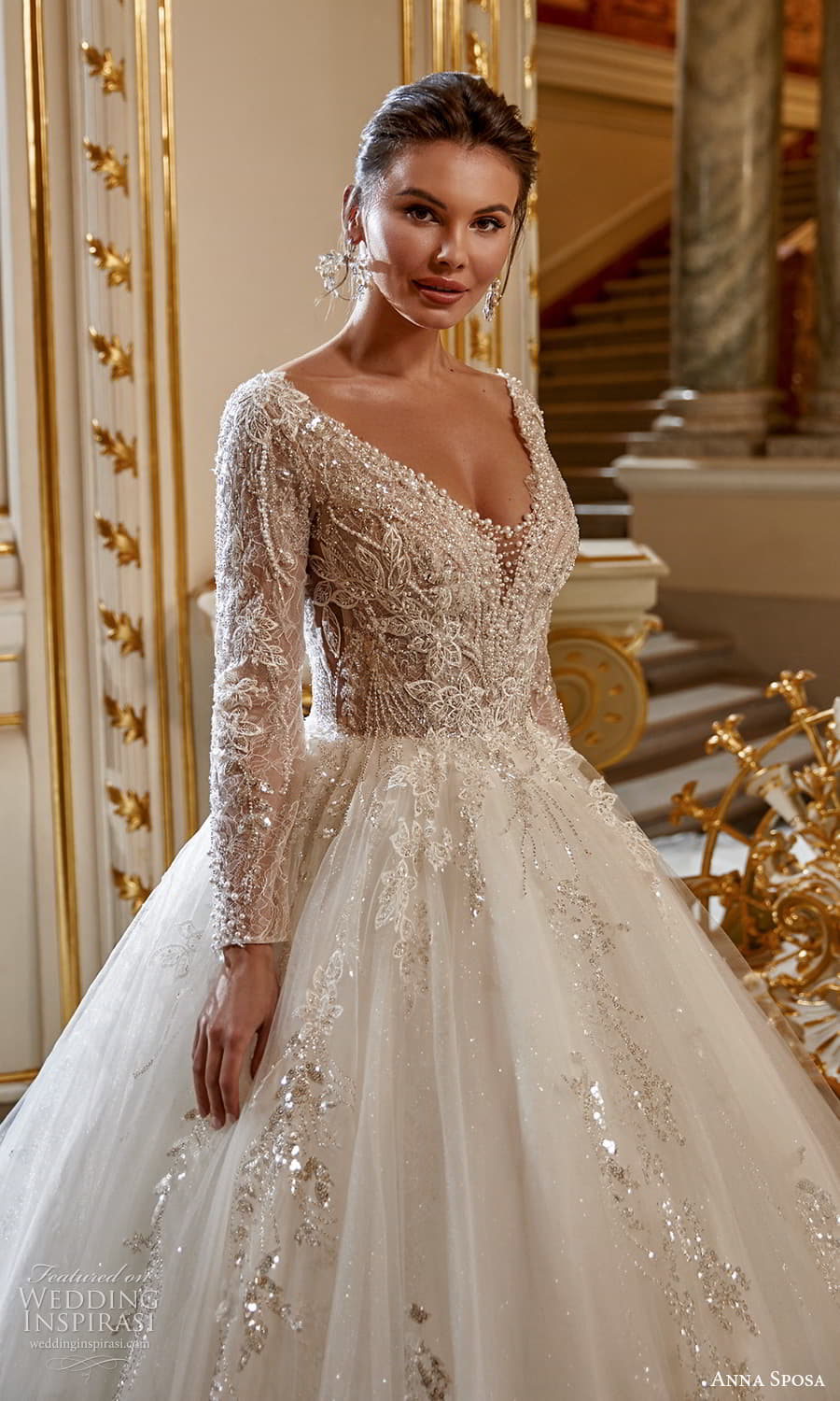 anna sposa 2022 bridal sheer long sleeve v neckline embellished bodice a line ball gown wedding dress chapel train (18) zv