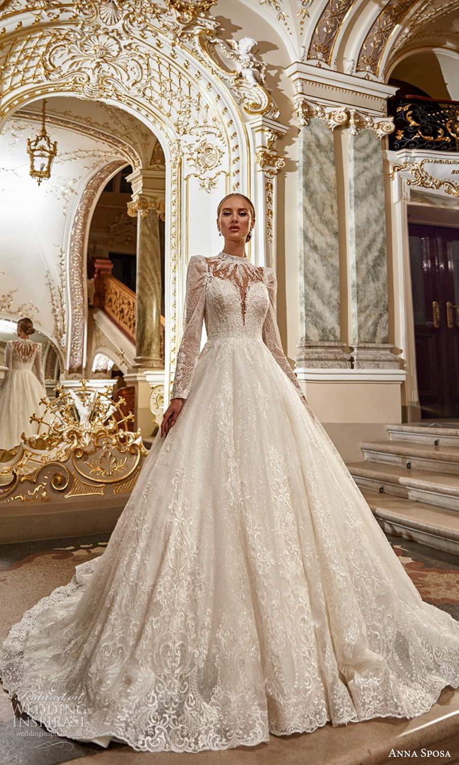 anna sposa 2022 bridal sheer puff sleeve high neckline fully embellished a line ball gown wedding dress chapel train (19) mv