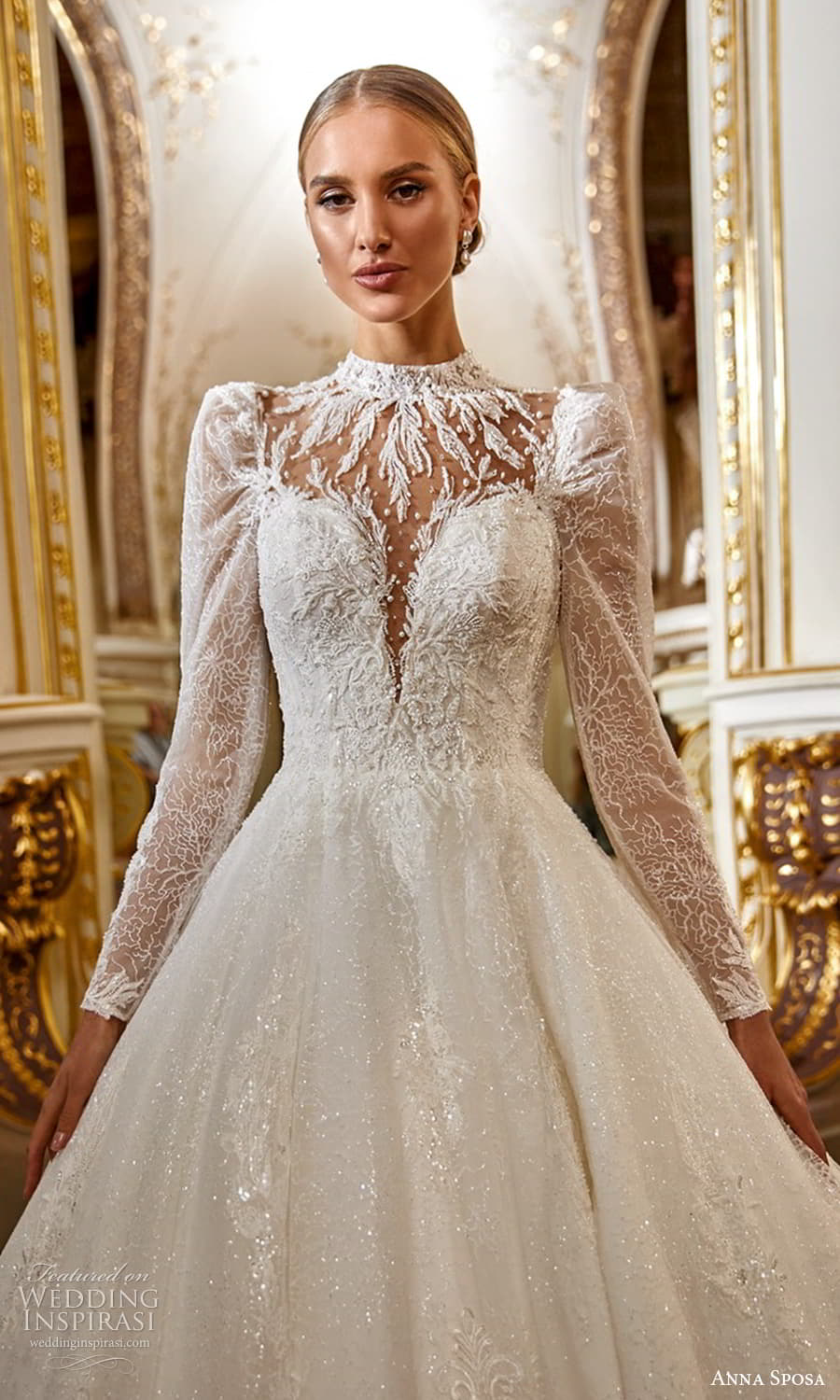 anna sposa 2022 bridal sheer puff sleeve high neckline fully embellished a line ball gown wedding dress chapel train (19) zv