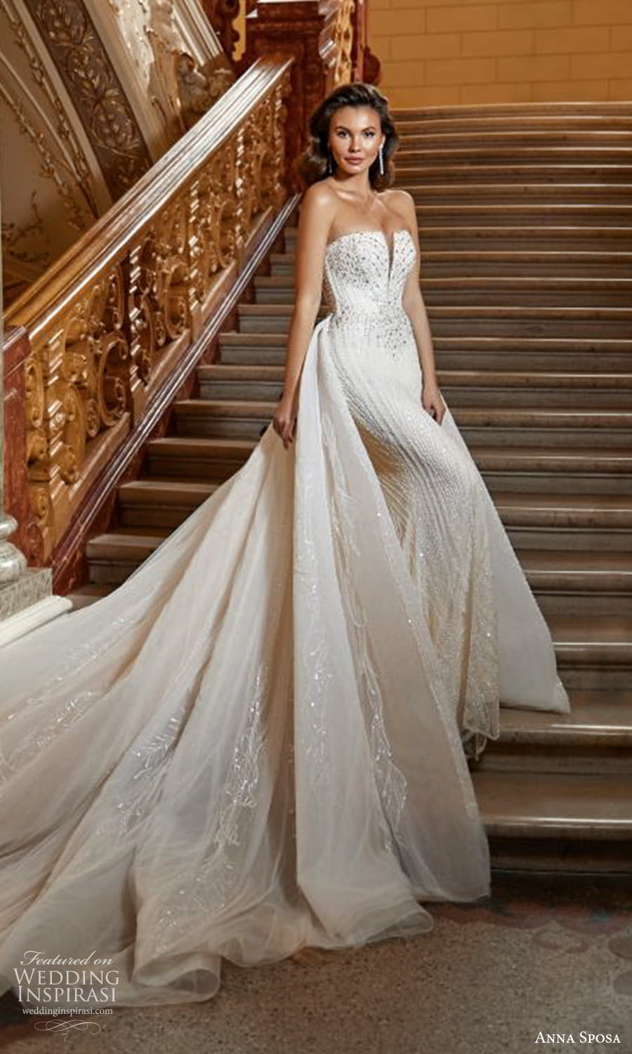 anna sposa 2022 bridal strapless straight across split neckline fully embellished sheath wedding dress chapel train a line overskirt (5) mv