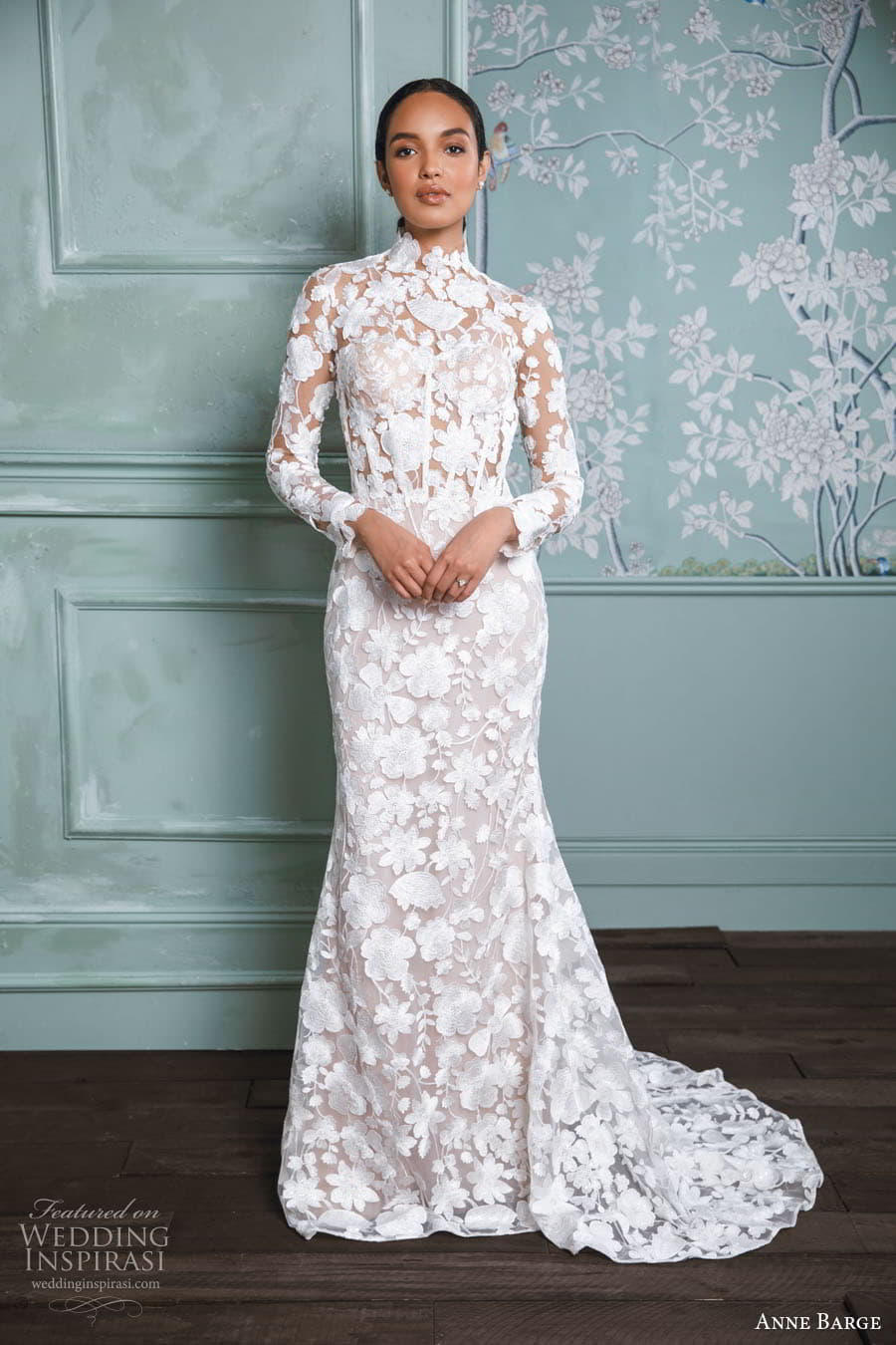 anne barge spring 2023 bridal sheer long sleeve high neckline fully embellished lace sheath wedding dress keyhole back chapel train (1) mv