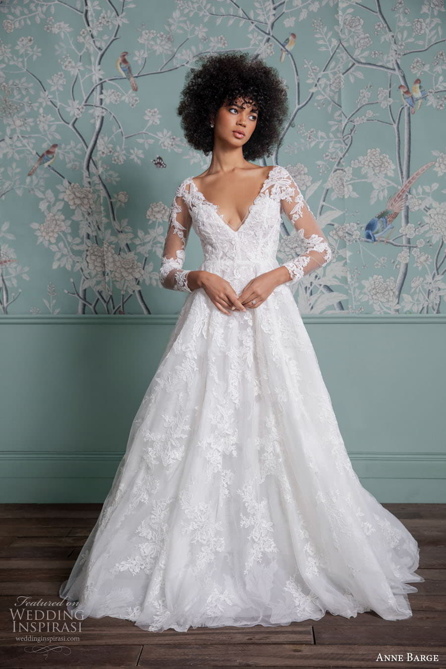 anne barge spring 2023 bridal sheer long sleeve v neckline fully embellished a line ball gown wedding dress chapel train v back (3) mv