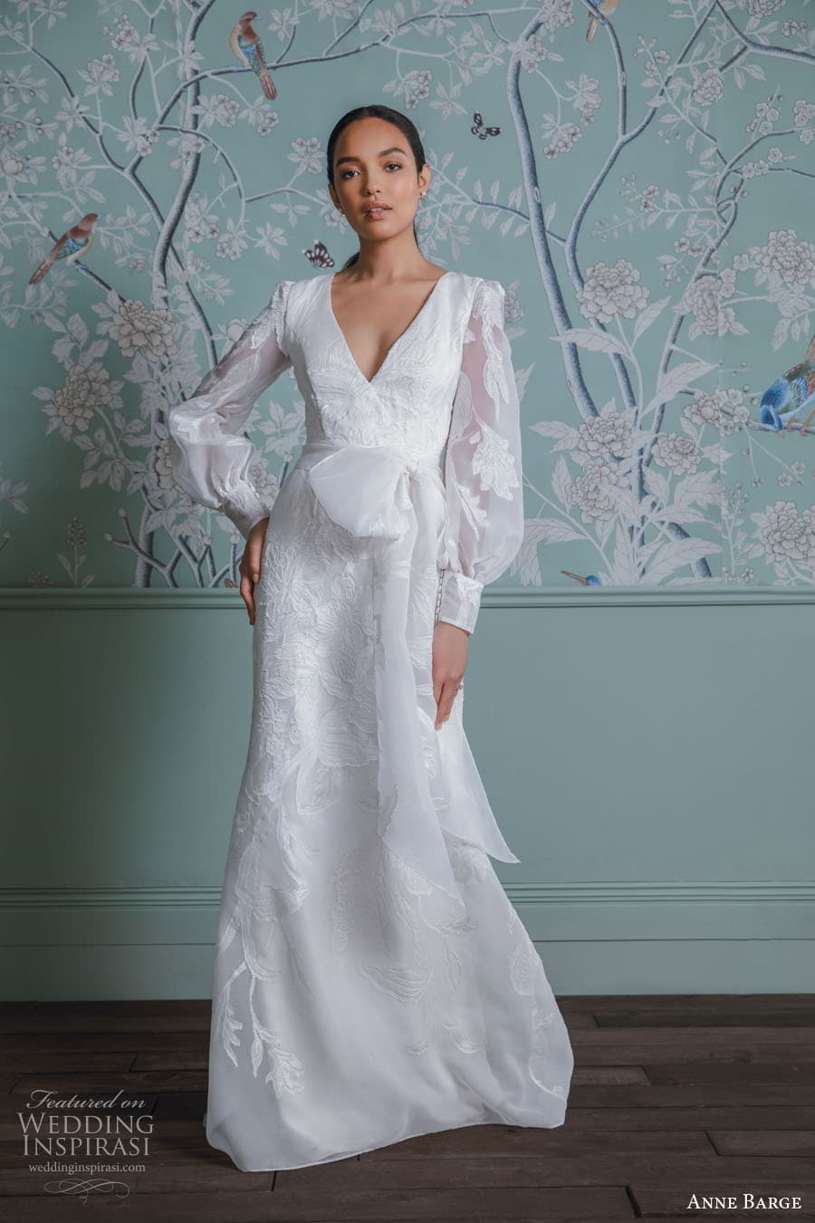 anne barge spring 2023 bridal sheer puff bishop sleeve v neckline embellished textured a line column wedding dress chapel train (12) mv