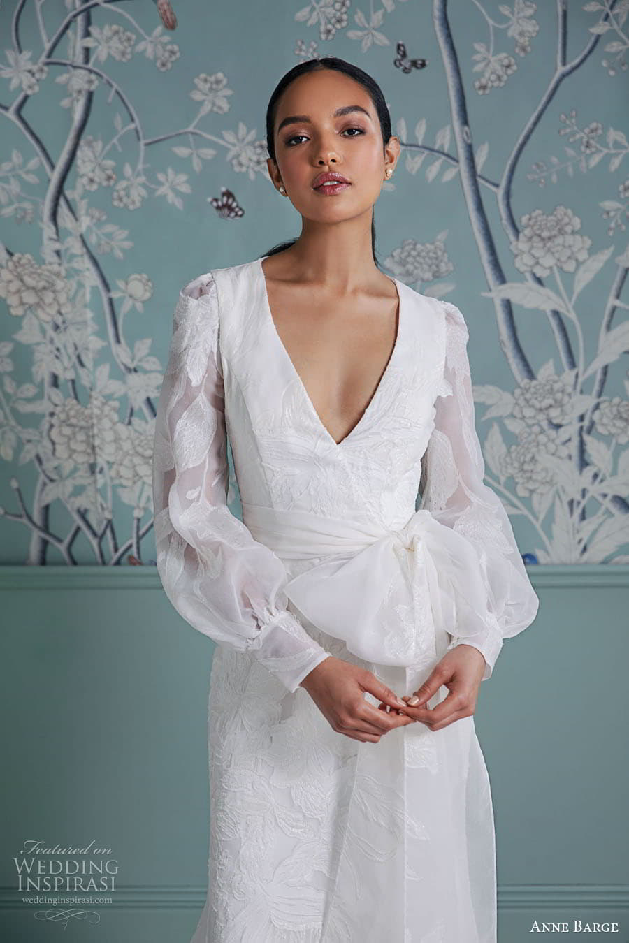 anne barge spring 2023 bridal sheer puff bishop sleeve v neckline embellished textured a line column wedding dress chapel train (12) zv