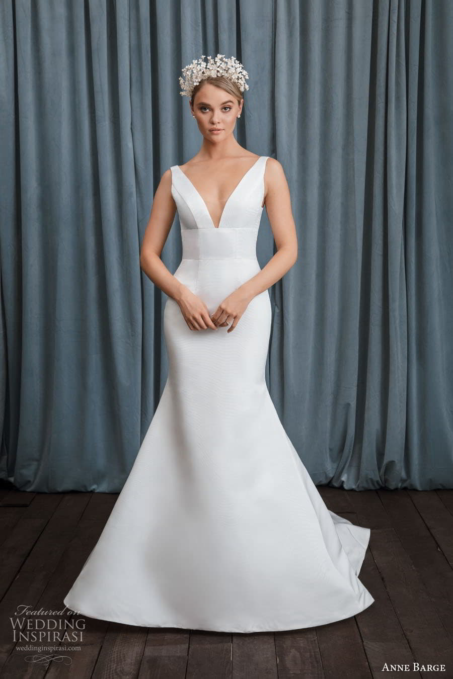 anne barge spring 2023 bridal sleeveless thick strap v neckline clean minimalist fit flare mermaid wedding dress chapel train (5) mv