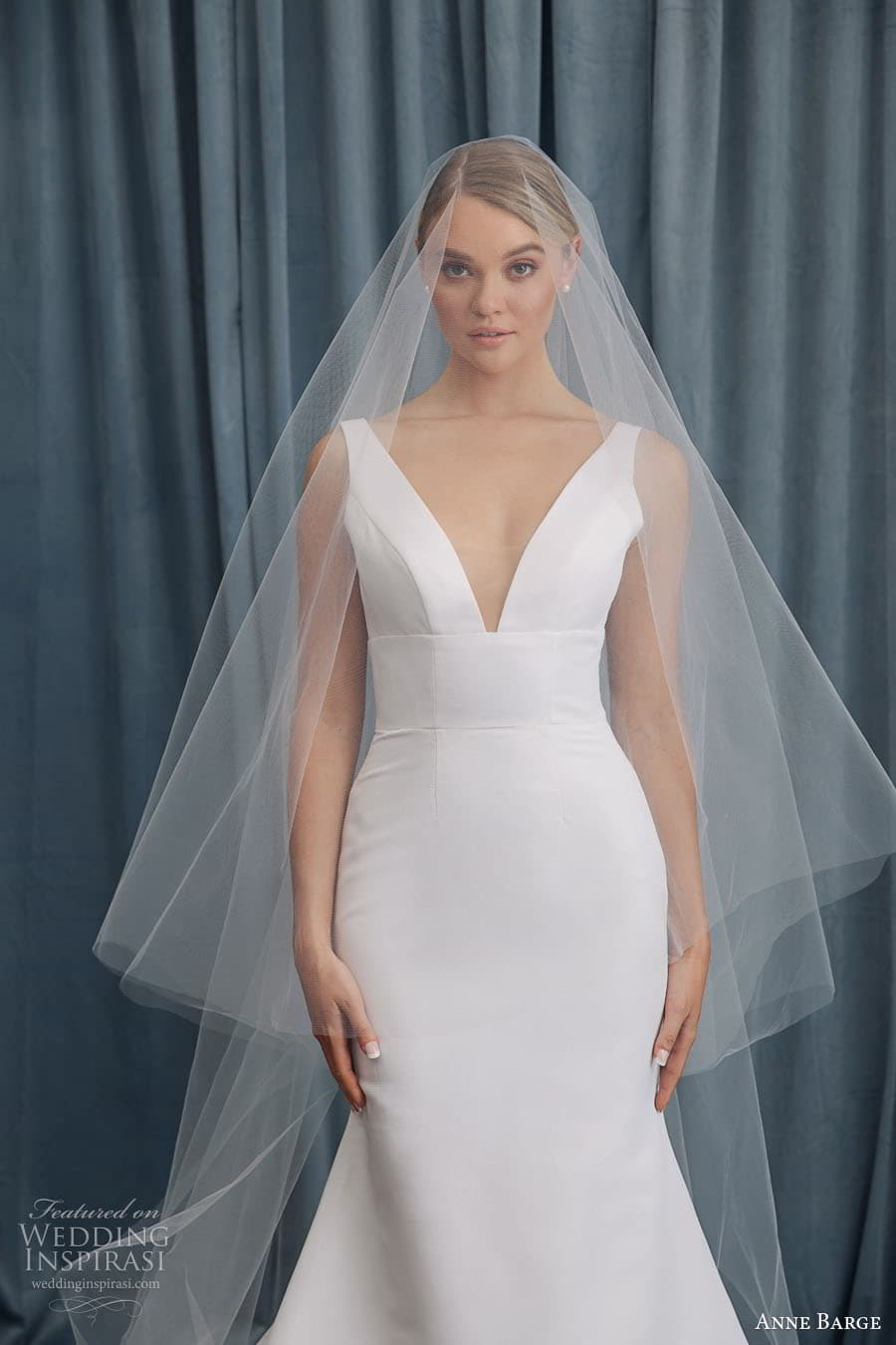 anne barge spring 2023 bridal sleeveless thick strap v neckline clean minimalist fit flare mermaid wedding dress chapel train veil (5) zv