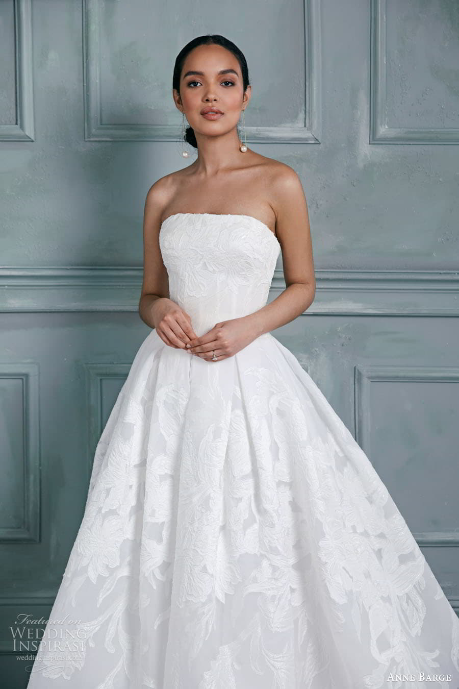 anne barge spring 2023 bridal strapless straigh across neckline embellished textured a line ball gown wedding dress chapel train (11) zv