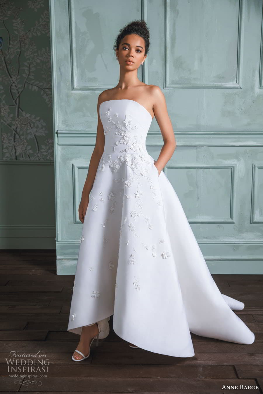 anne barge spring 2023 bridal strapless straight across neckline embellished bodice a line high low wedding dress chapel train (4) mv