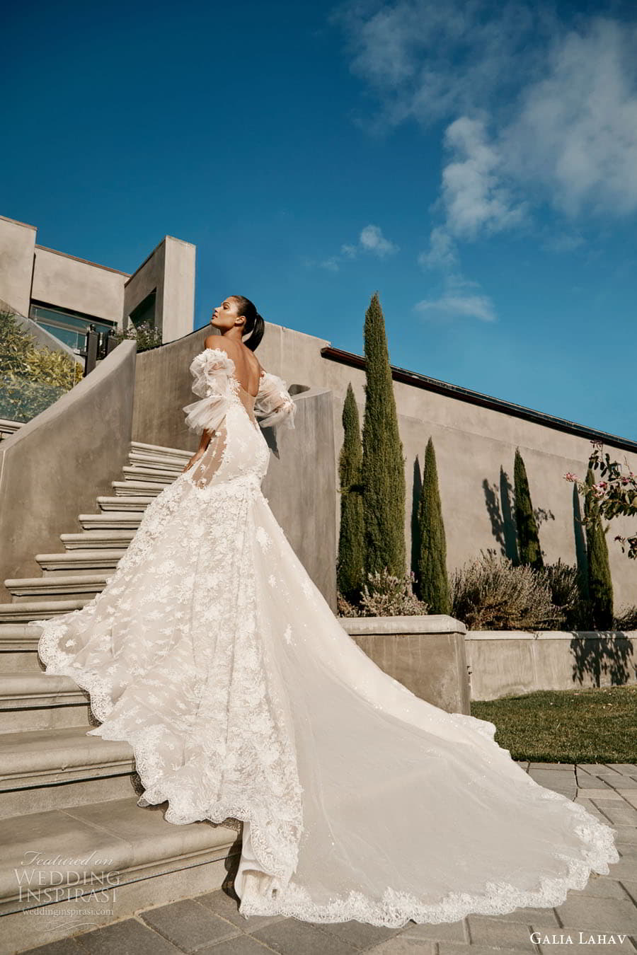 galia lahav spring 2023 couture bridal sheer long puff sleeve off shoulder sweetheart neckline fully embellished mermaid wedding dreess low back chapel train (2) bv