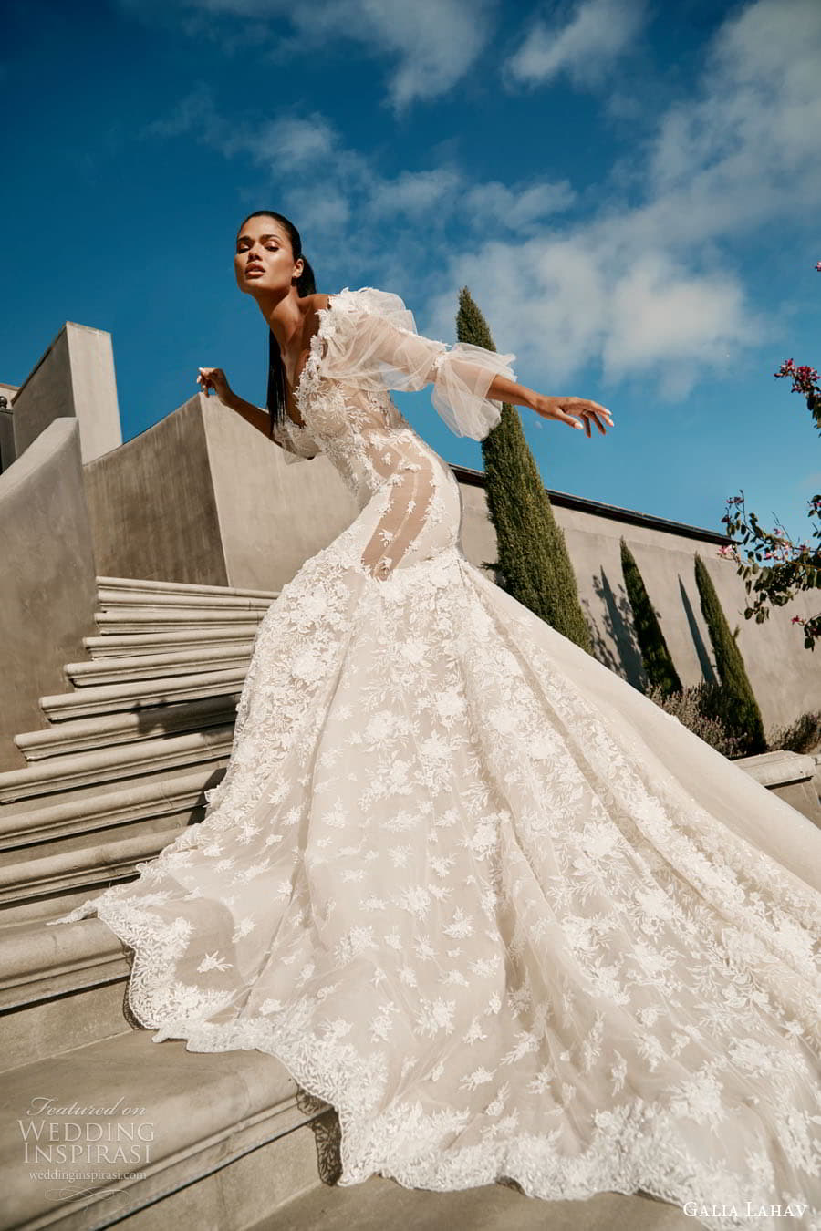 galia lahav spring 2023 couture bridal sheer long puff sleeve off shoulder sweetheart neckline fully embellished mermaid wedding dreess low back chapel train (2) mv