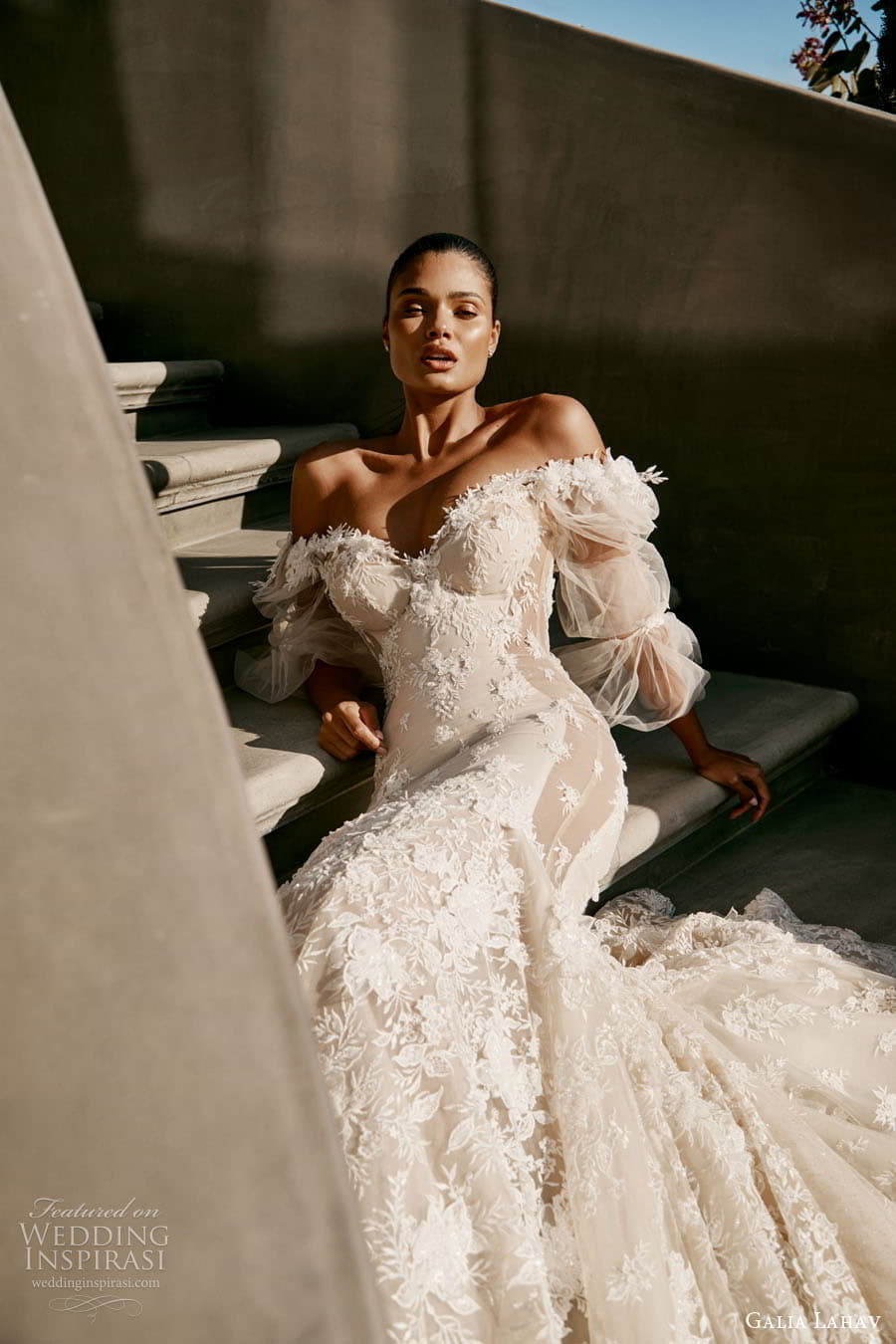 galia lahav spring 2023 couture bridal sheer long puff sleeve off shoulder sweetheart neckline fully embellished mermaid wedding dreess low back chapel train (2) zv 