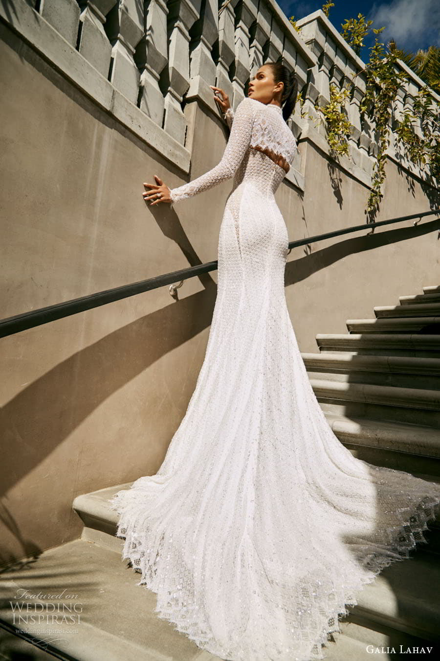 galia lahav spring 2023 couture bridal strapless semi sweetheart neckline split illusion cutout bodice fully embellished sheath wedding dress chapel train long sleeve high neck jacket (9) bv