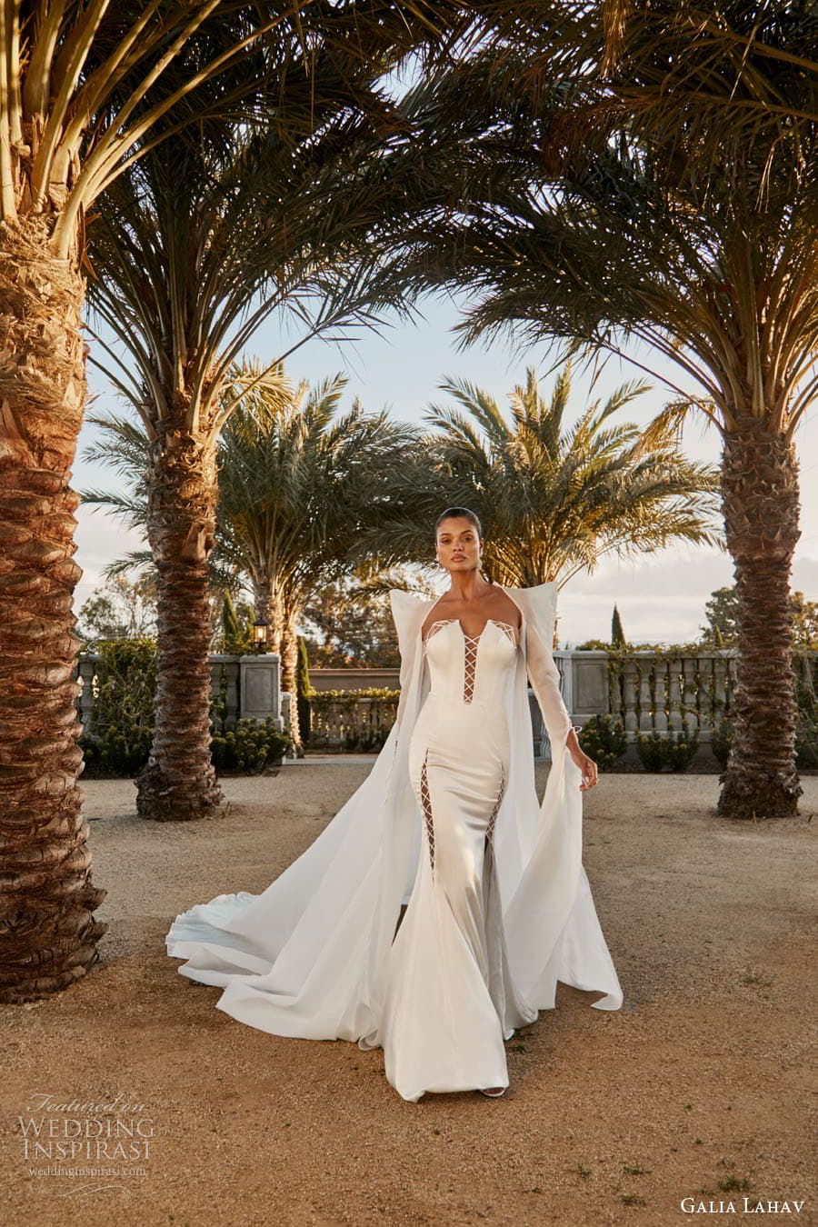 galia lahav spring 2023 couture bridal strapless sweetheart neckline plunging sheer cutout clean minimalist sheath wedding dress chapel train long sleeve coat (1) fv