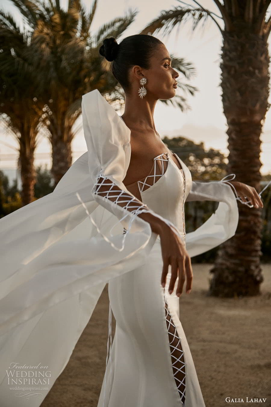 galia lahav spring 2023 couture bridal strapless sweetheart neckline plunging sheer cutout clean minimalist sheath wedding dress chapel train long sleeve coat (1) zsv