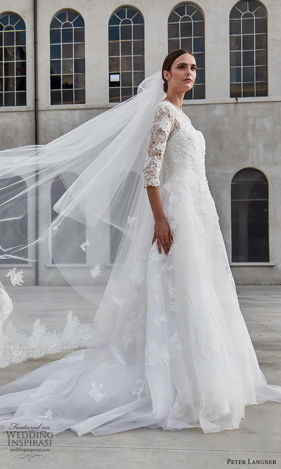 peter langner spring 2022 bridal 3 quarter sleeve sheer jewel neckline embellished lace a line ball gown wedding dress chapel train veil (4) sv