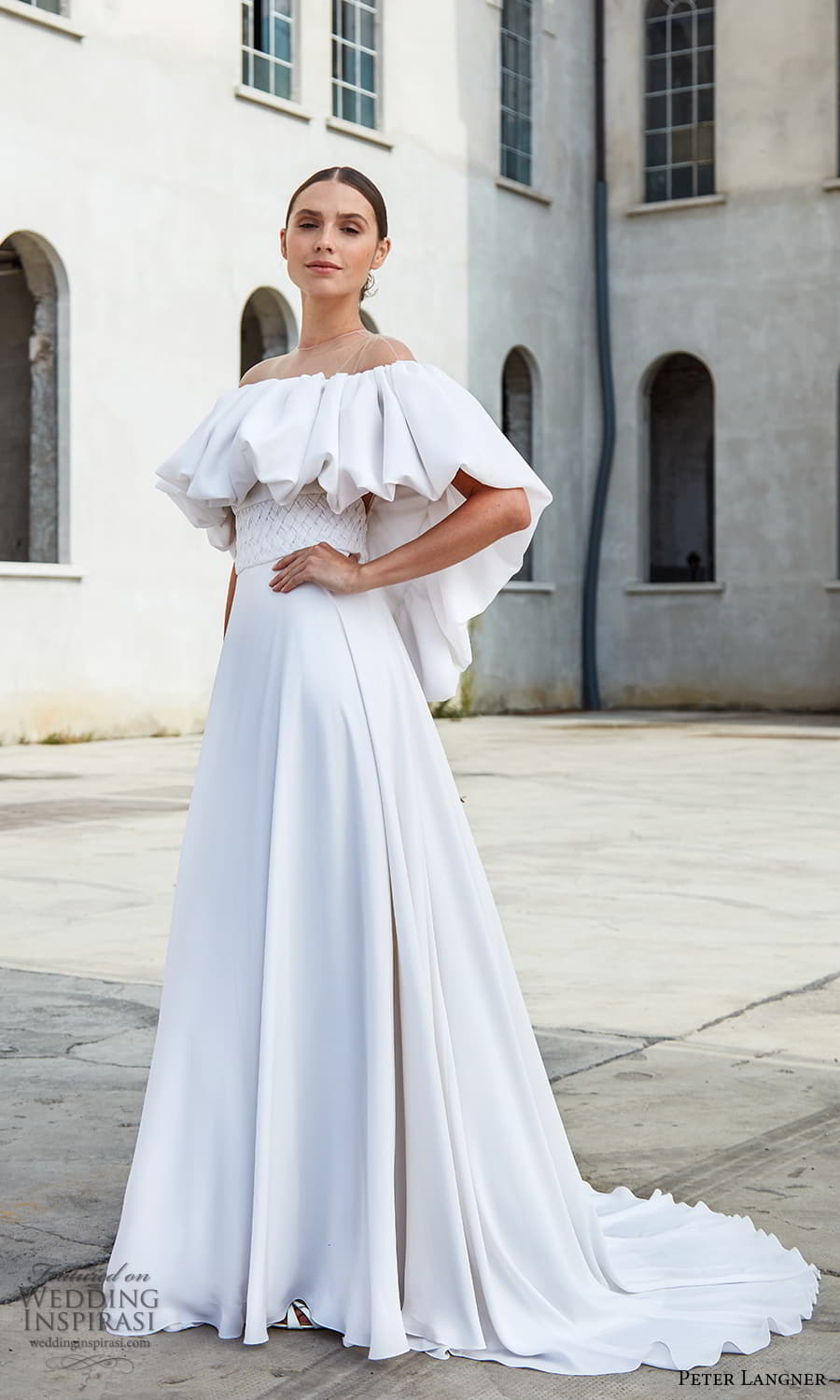 peter langner spring 2022 bridal flutter sleeve sheer off shoulder neckline embellished waist clean minimalist a line ball gown wedding dress chapel train (3) mv