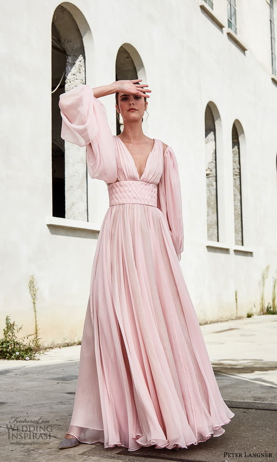 peter langner spring 2022 bridal long billowy balloon sleeve plunging v neckline ruched bodice a line ball gown evening wedding dress chapel train pink blush (12) mv