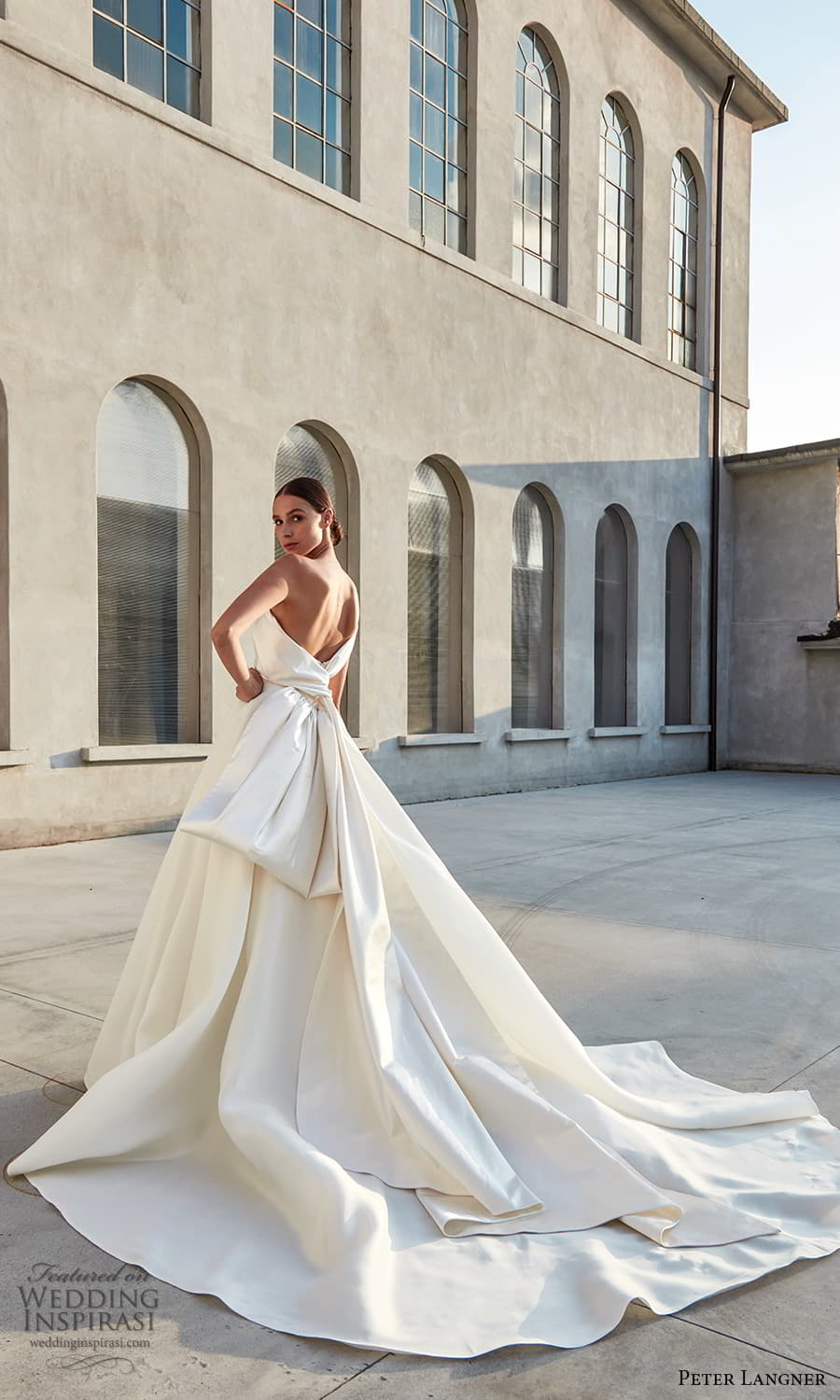 peter langner spring 2022 bridal one shoulder strap asymmetric neckline clean minimalist a line ball gown wedding dress chapel train (1) bv