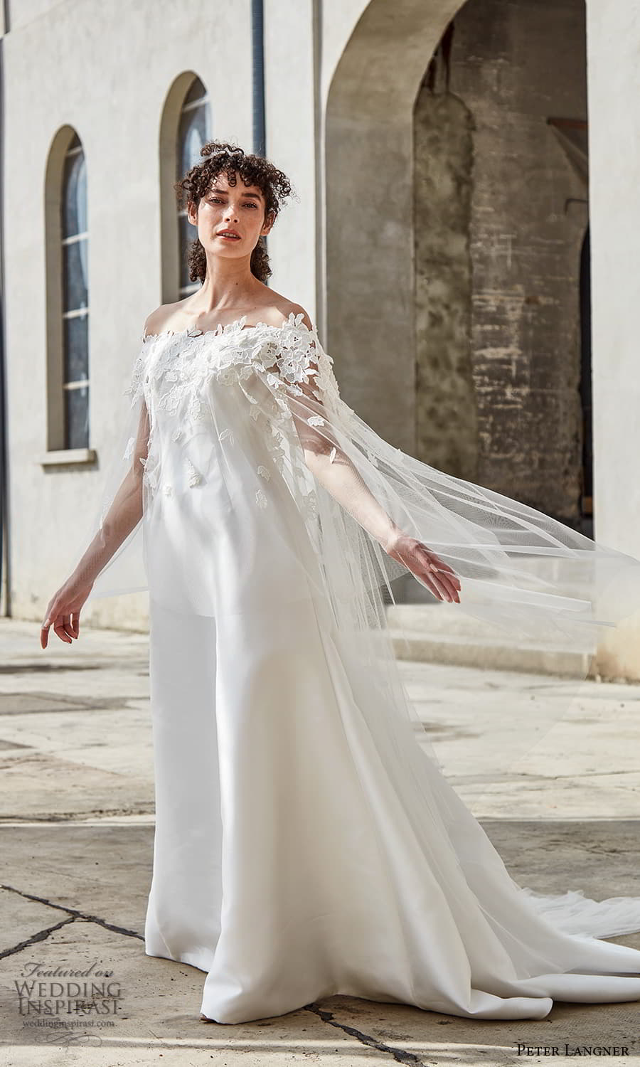 peter langner spring 2022 bridal sheer cape long sleeve off shoulder neckline embellished bodice modern a line princess wedding dress chapel train (5) mv