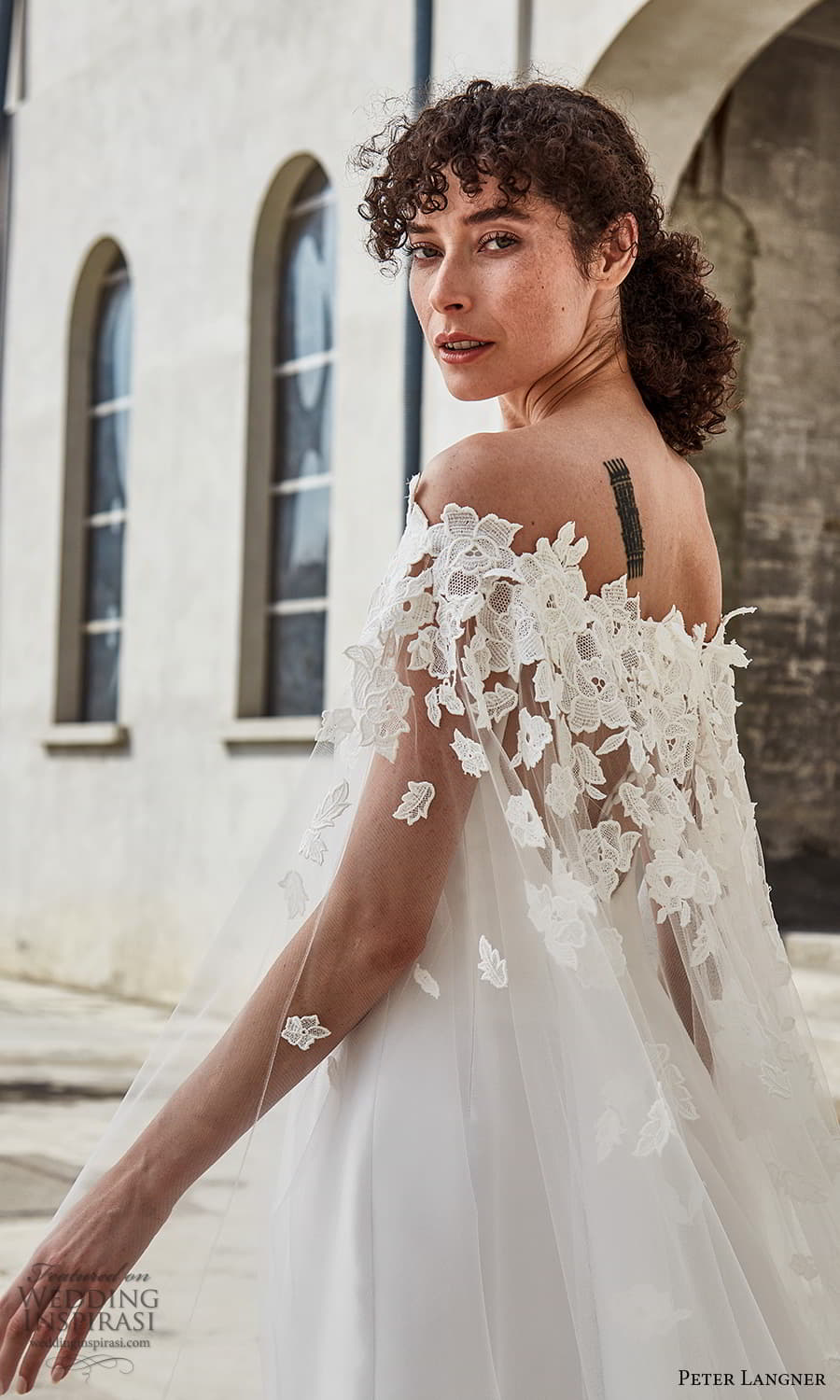 peter langner spring 2022 bridal sheer cape long sleeve off shoulder neckline embellished bodice modern a line princess wedding dress chapel train (5) zbv