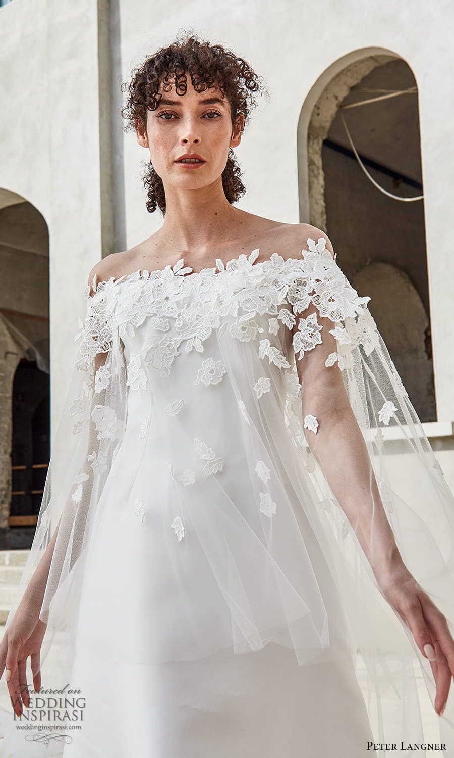 peter langner spring 2022 bridal sheer cape long sleeve off shoulder neckline embellished bodice modern a line princess wedding dress chapel train (5) zv