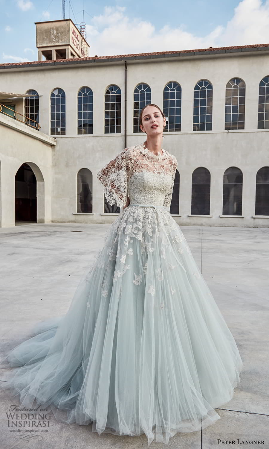 peter langner spring 2022 bridal sheer flutter sleeve jewel neckline embellished lace bodice a line ball gown wedding dress chapel train (2) mv