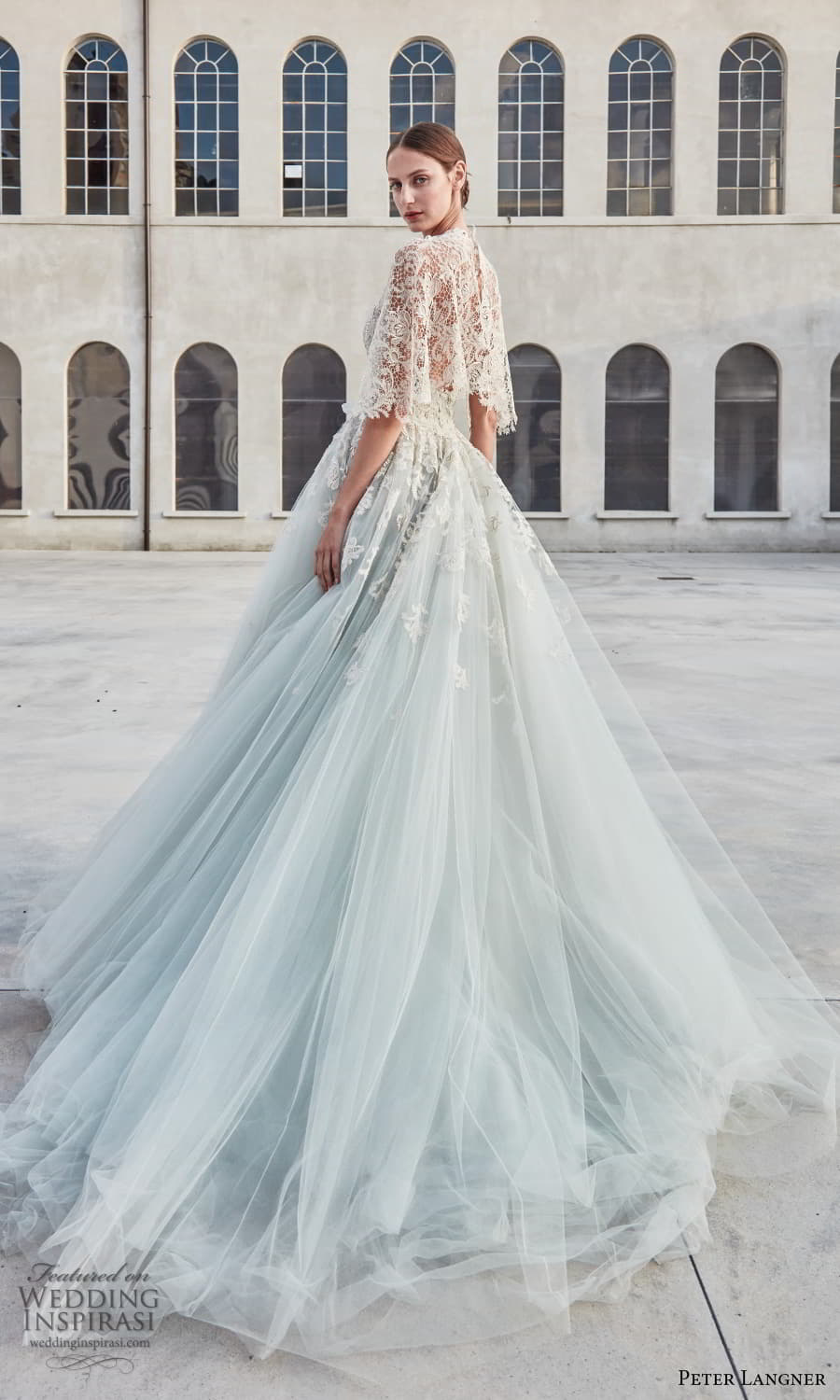 peter langner spring 2022 bridal sheer flutter sleeve jewel neckline embellished lace bodice a line ball gown wedding dress ombre chapel train (2) bv