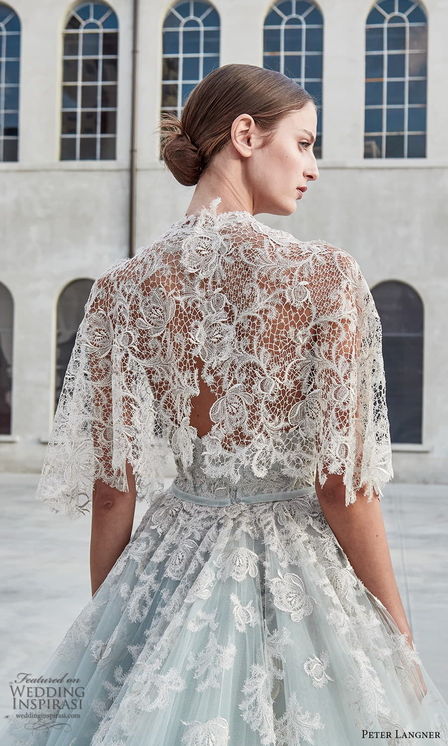 peter langner spring 2022 bridal sheer flutter sleeve jewel neckline embellished lace bodice a line ball gown wedding dress ombre chapel train veil (2) zbv