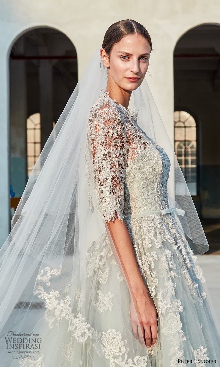 peter langner spring 2022 bridal sheer flutter sleeve jewel neckline embellished lace bodice a line ball gown wedding dress ombre chapel train veil (2) zsv