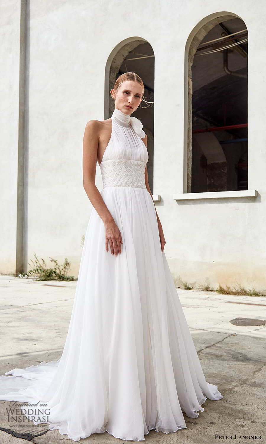 peter langner spring 2022 bridal sleeveless high halter neckline ruched bodice romantic a line wedding dress (6) mv