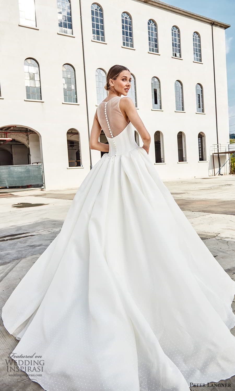 peter langner spring 2022 bridal sleeveless strap v neckline clean minimalist a line ball gown wedding dress chapel train (9) bv