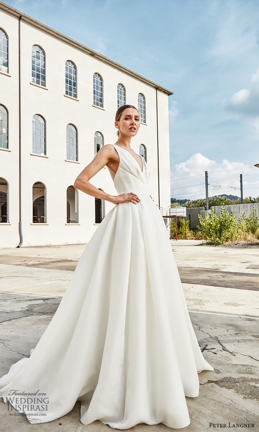 peter langner spring 2022 bridal sleeveless strap v neckline clean minimalist a line ball gown wedding dress chapel train (9) mv