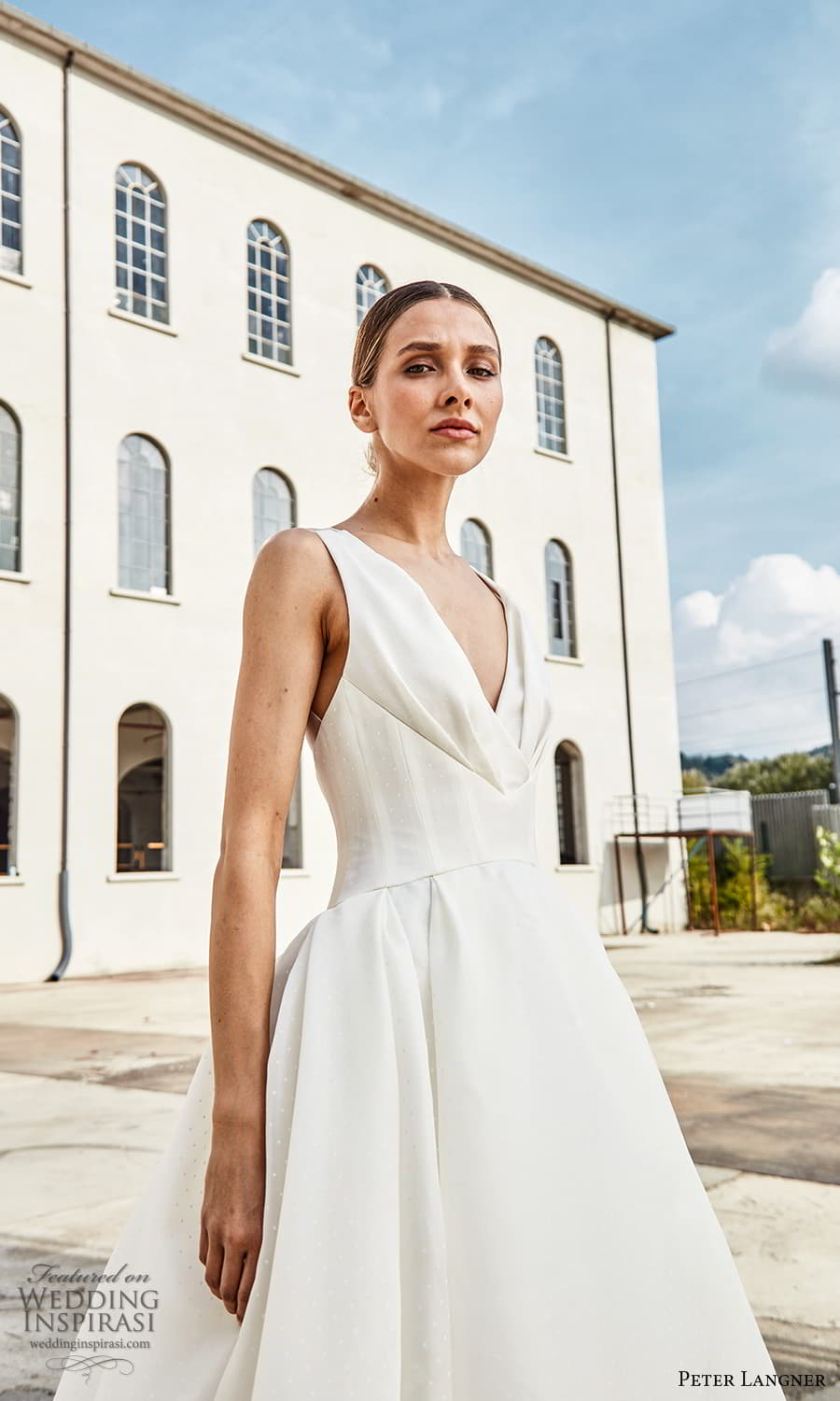 peter langner spring 2022 bridal sleeveless strap v neckline clean minimalist a line ball gown wedding dress chapel train (9) zv