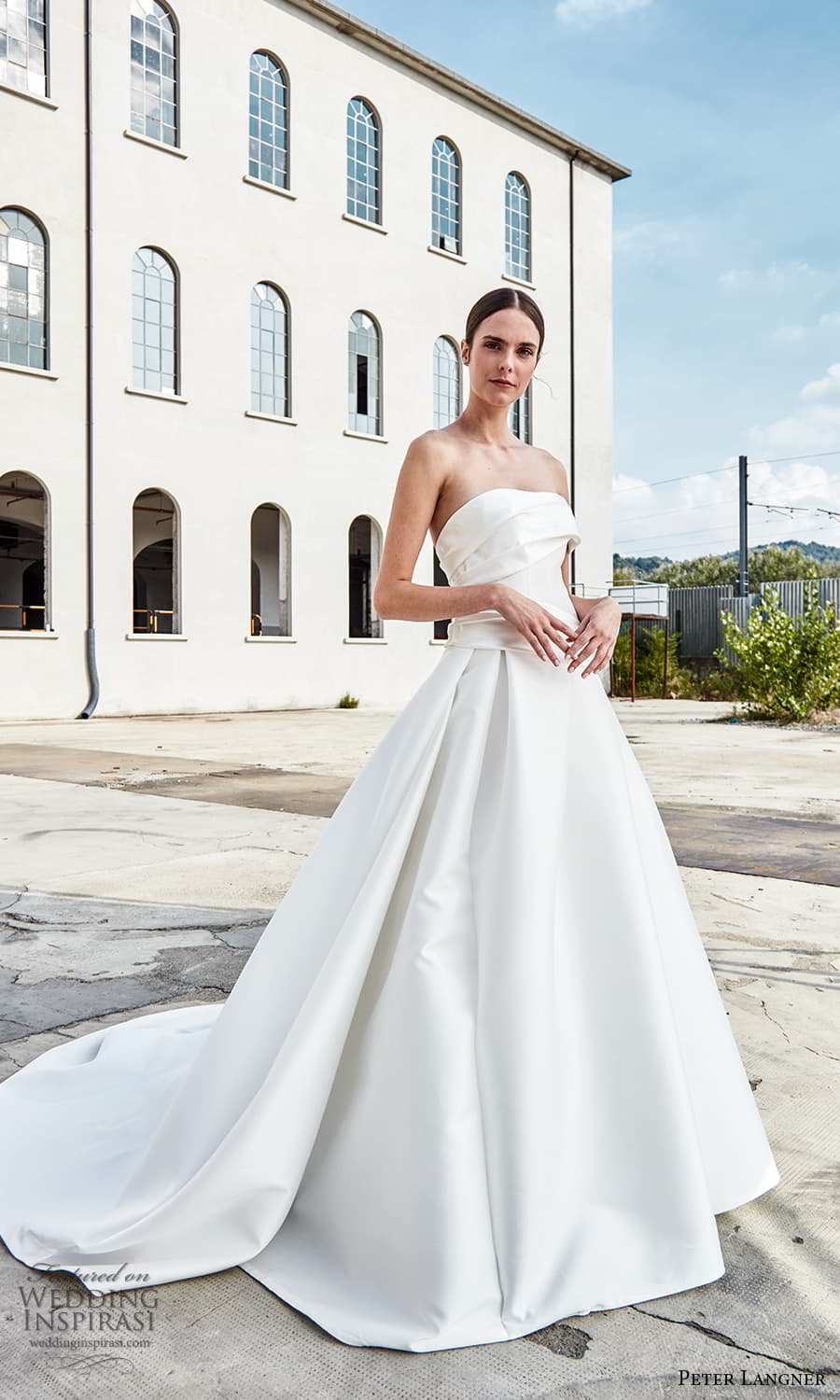 peter langner spring 2022 bridal strapless straight across neckline clean minimalist a line ball gown wedding dress chael train (7) mv