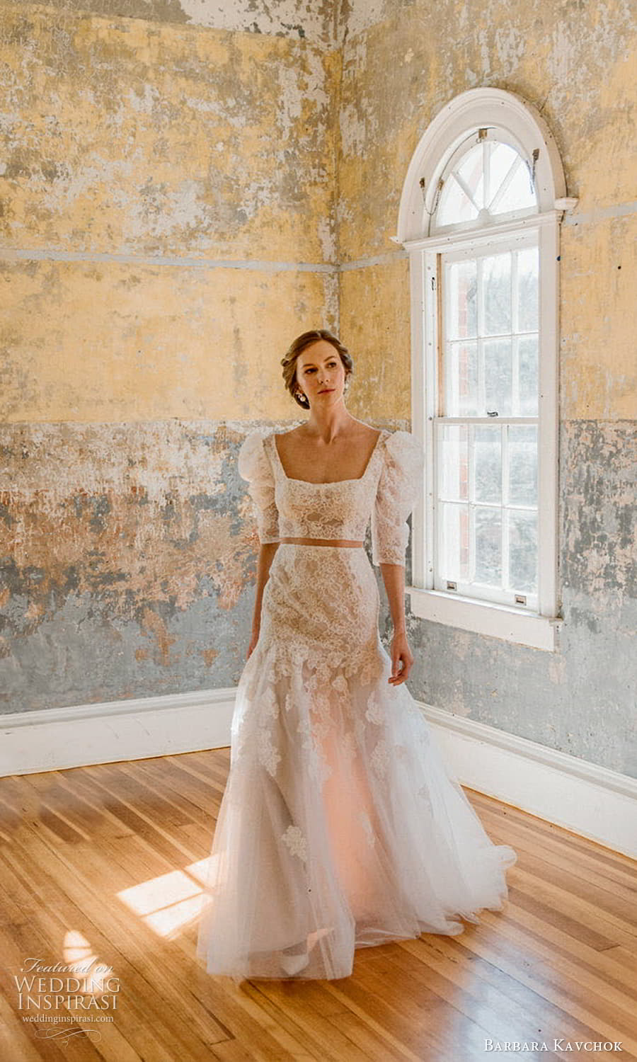 barbara kavchok 2023 bridal 3 quarter puff sleeve square neckline embellished lace drop waist fit flare a line wedding dress chapel train (1) mv barbara kavchok 2023 bridal 3 quarter puff sleeve square neckline embellished lace drop waist fit flare a line wedding dress chapel train (1) mv