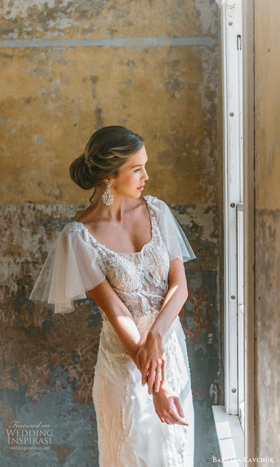 barbara kavchok 2023 bridal sheer flutter sleeve scoop neckline embellished sheath wedding dress v back chapel train (6) zv