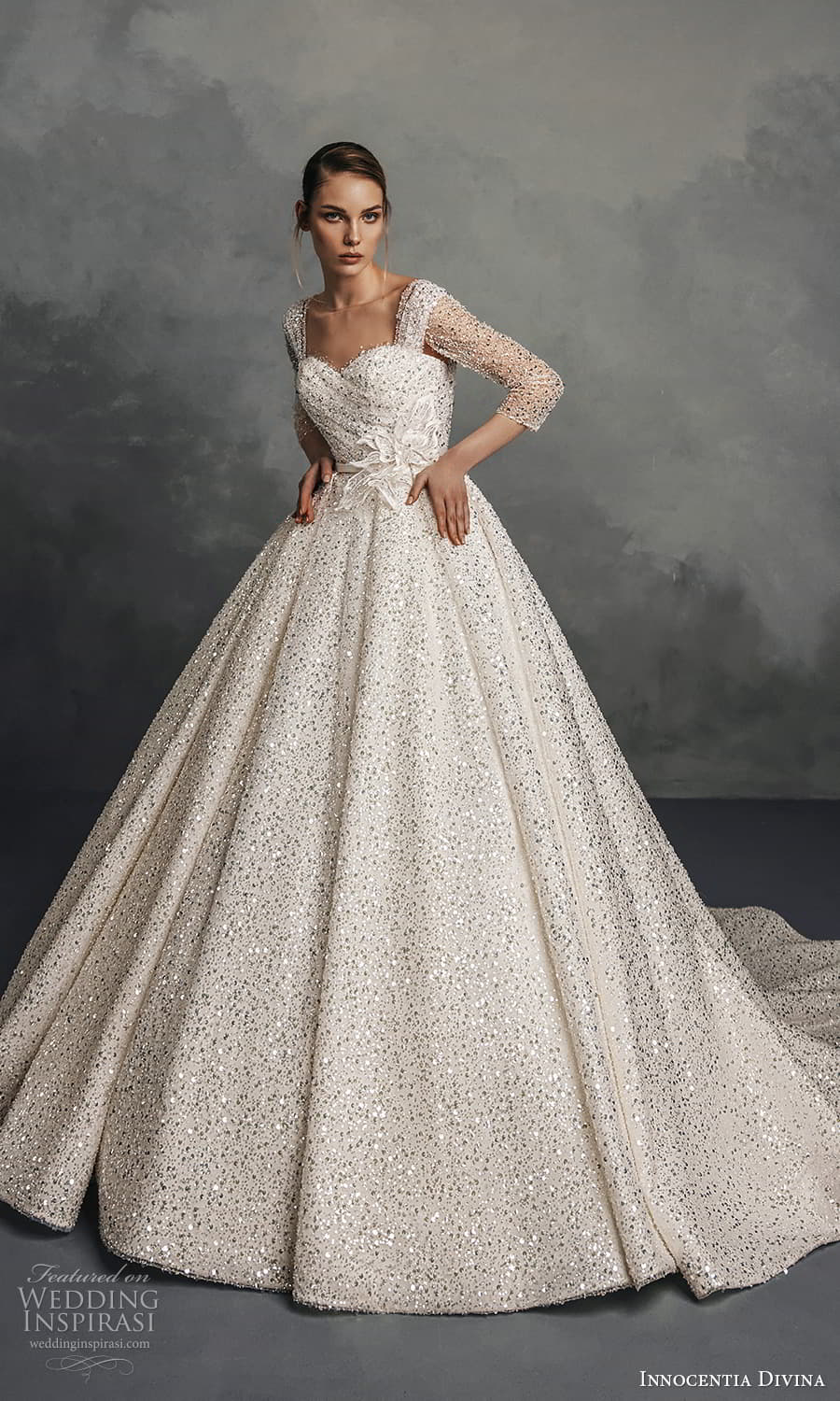 innocentia divina spring 2023 bridal 3 quarter sleeve sweeetheart neckline fully embellished a line ball gown wedding dress chapel train (15) mv