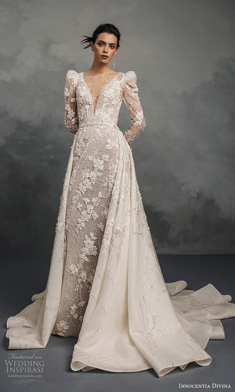 innocentia divina spring 2023 bridal long puff sleeve v neckline fully embellished a line wedding dress chapel train (7) mv