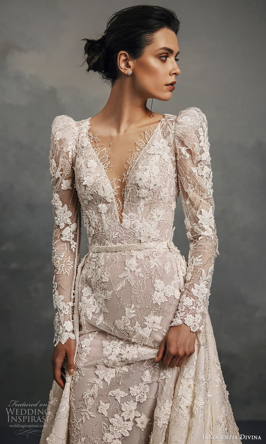 innocentia divina spring 2023 bridal long puff sleeve v neckline fully embellished a line wedding dress chapel train (7) zv