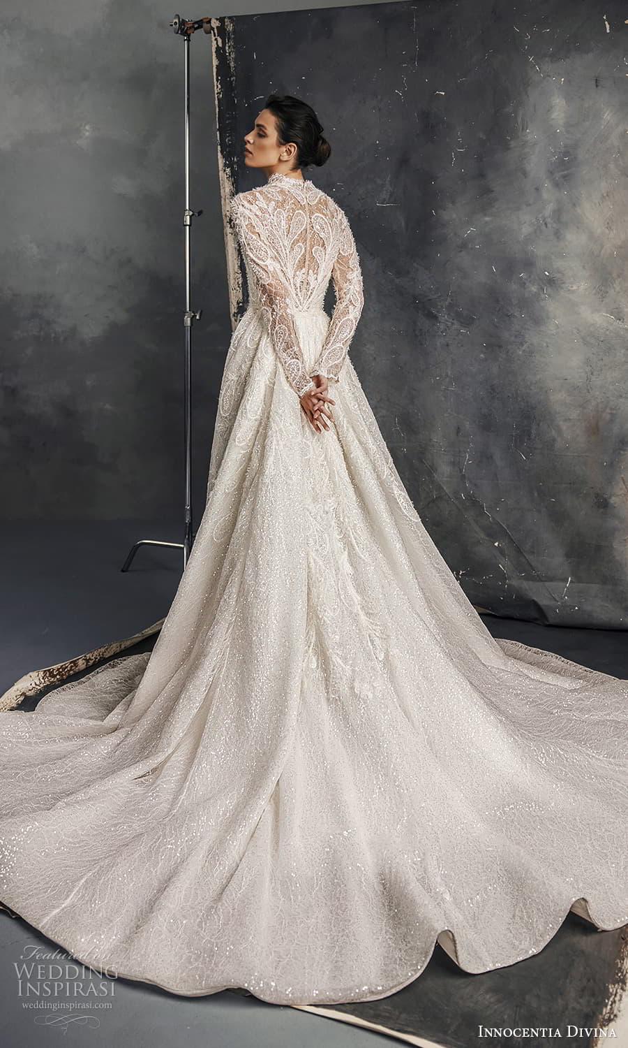 innocentia divina spring 2023 bridal long sleeve v neckline fully embellished a line sheath wedding dress chapel train (16) bv